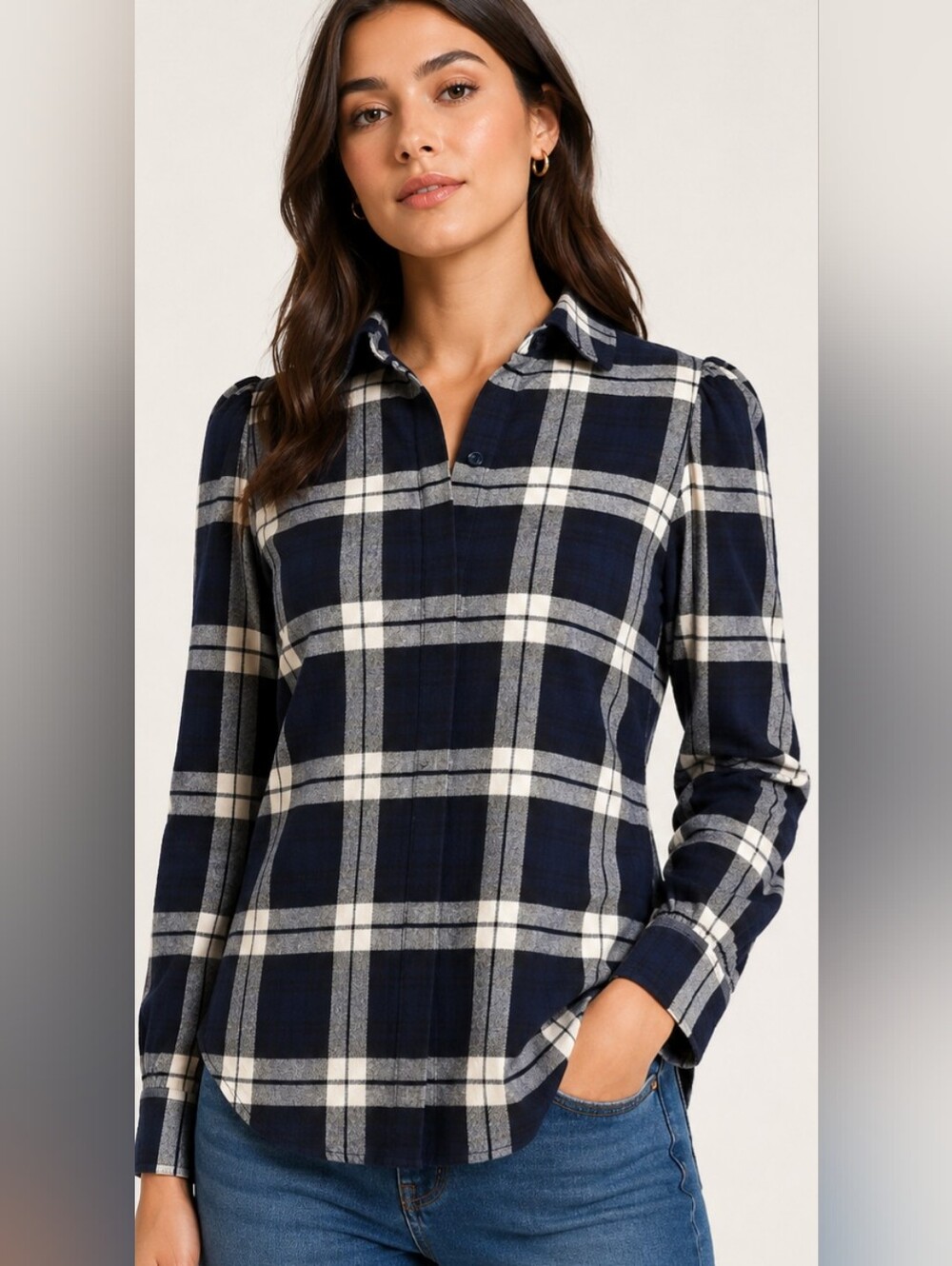 Tuckernuck Plaid Button Front Blouse Puff Sleeve Preppy Cotton Classic Coastal